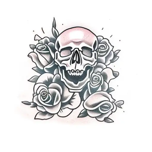 Skull With Roses And A Large Coffin