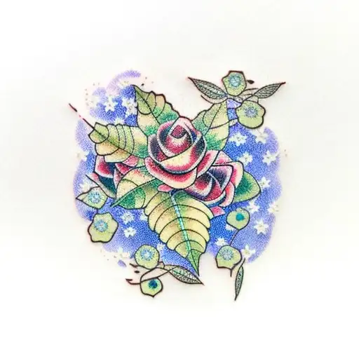 Willow Leaf With Roses And Forget-me-not Flowers