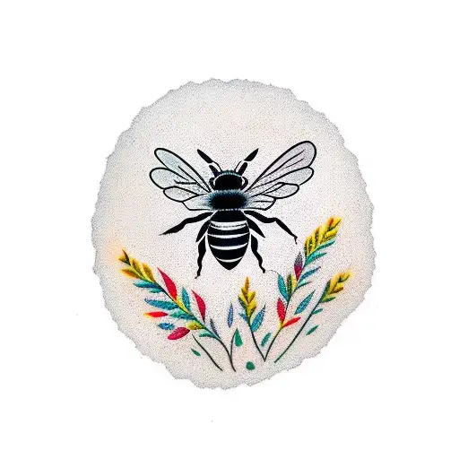 A Minimalist Design Of A Bee Flying Over A Field Of Wildflowers