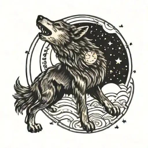 A Wolf Howling At The Moon With Constellations Forming Around It