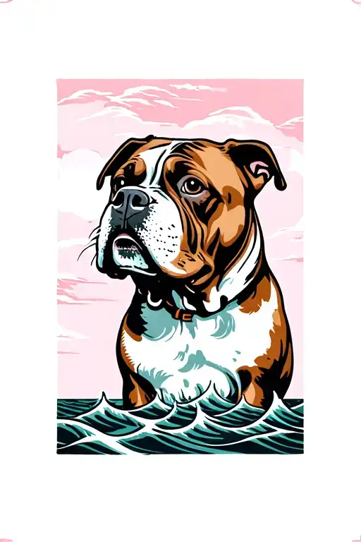 American Stafford Face Dog With Clipper Ship And Pink Waves
