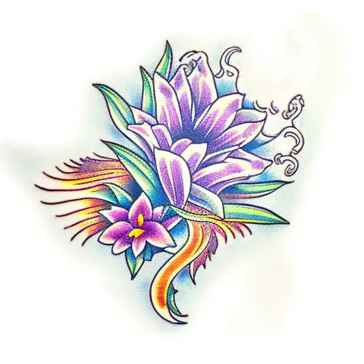 Phoenix With Lilies On The Wispy Long Tail