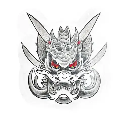 Traditional Japanese Mask Merged With A Dragon