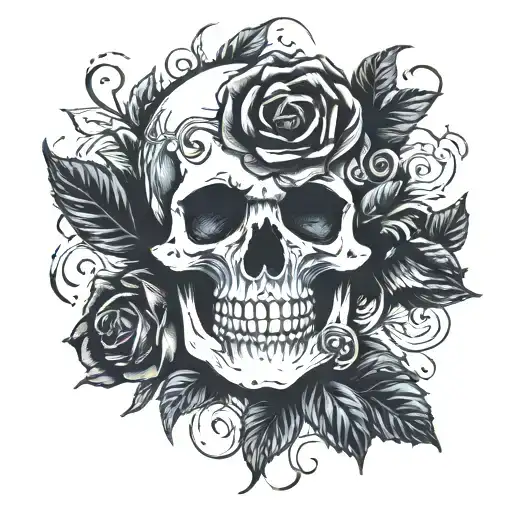 Skull Surrounded By Black Rose