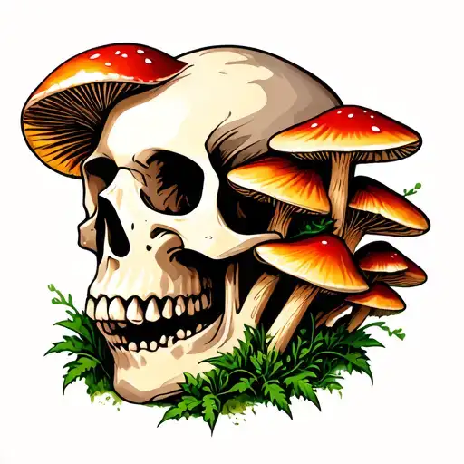 Skull With Mushrooms Growing Out Of It