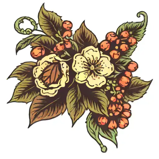 Coffee Branch With Flowers And Beans