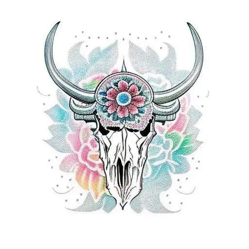A Traditional Style Buffalo Skull With Intricate Floral Patterns