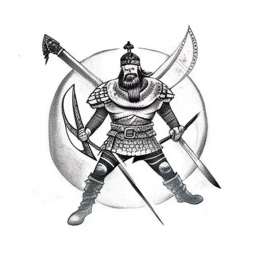 A Traditional Tattoo Of A Viking Warrior Battling Video Game Characters With A Guitar As A Weapon