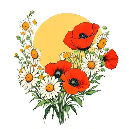 Daisies And Poppies With Sun And Moom