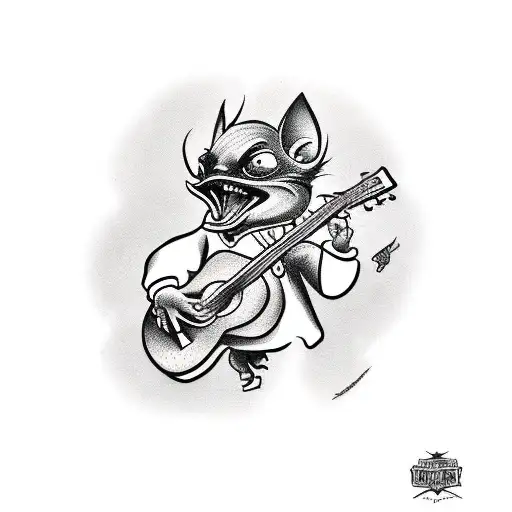A Traditional Style Tattoo Of A Gremlin Playing A Guitar