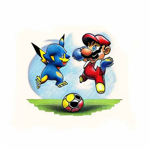 Create A Traditional Tattoo Of Pikachu And Mario Playing Soccer