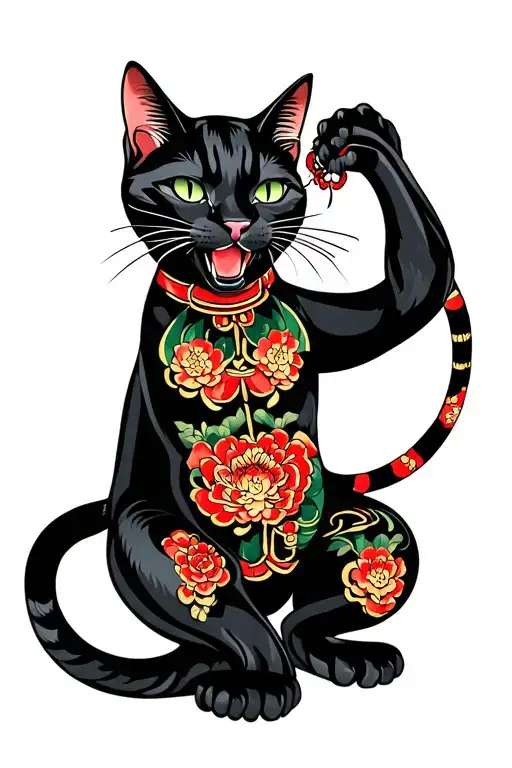 Black Cat Stretching And Scratching As A Chinese Panther