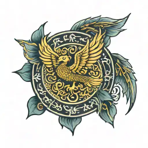 Phoenix Rising From Lotus Circled In Buddhist Damma Wheel