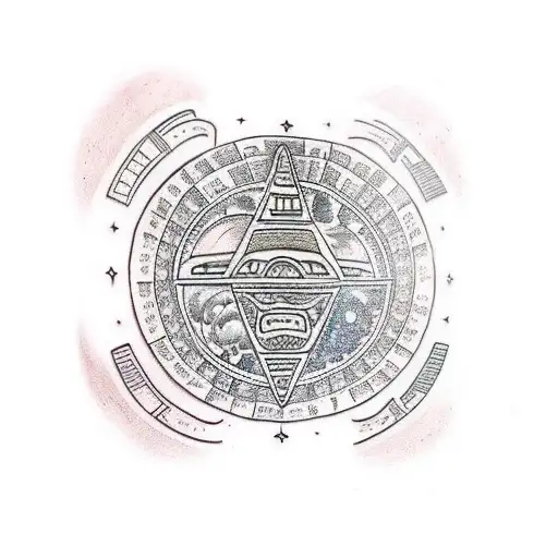 Traditional Style Tattoo Of A Mayan Calendar With A Space-themed Background