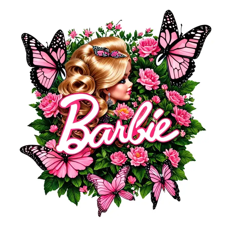 Flowers With Pink Butterflies Around Barbie Logo Intertwined