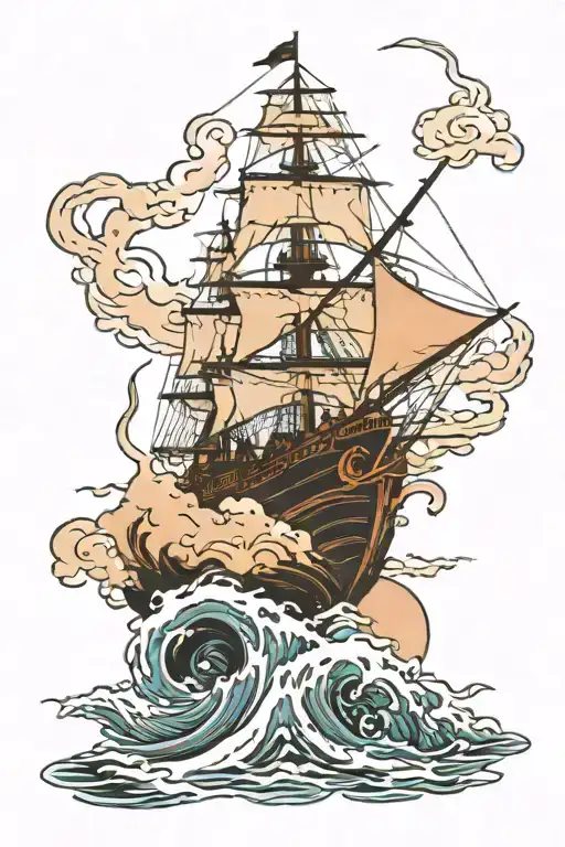 Broken Ship Surrounded By Giant Sea Snake In The Middle Of The Sea