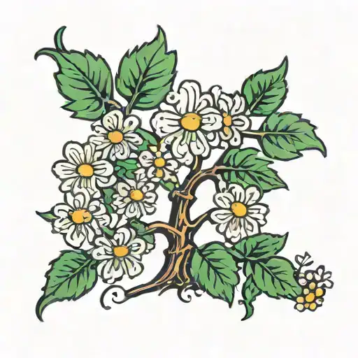 A Traditional Style Tattoo Of A Tree With Branches Shaped Like Clovers And Daisies
