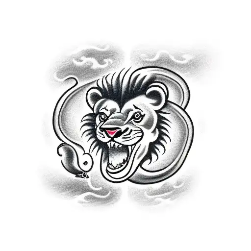 Side Angle Baby Lion Chasing Two Snakes