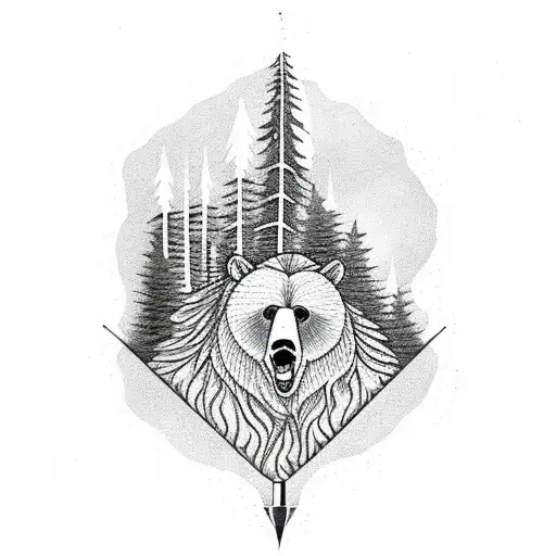 Spear Arrowhead With Oregon Trees From Bottom Half And Grizzly Bear Head In Top One Third