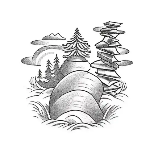 A Traditional Style Tattoo Of A Stack Of Books With A Peaceful Nature Scene Emerging From The Pages