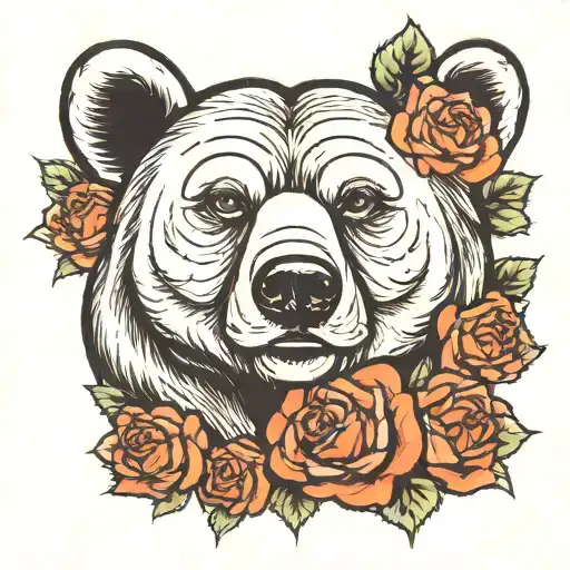 Bear Head Surrounded By Roses