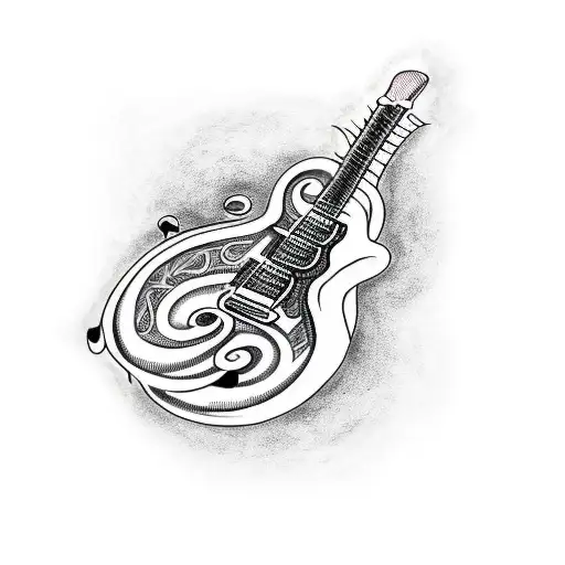 A Detailed Blackwork Tattoo Of A Guitar With Intricate Musical Notes Flowing From It
