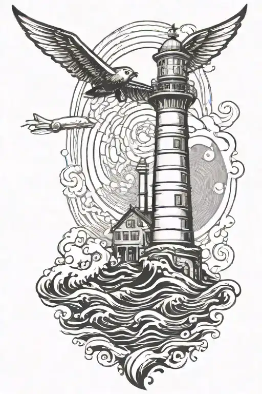 Bioshock Lighthouse With Plane Tail In Water Waves