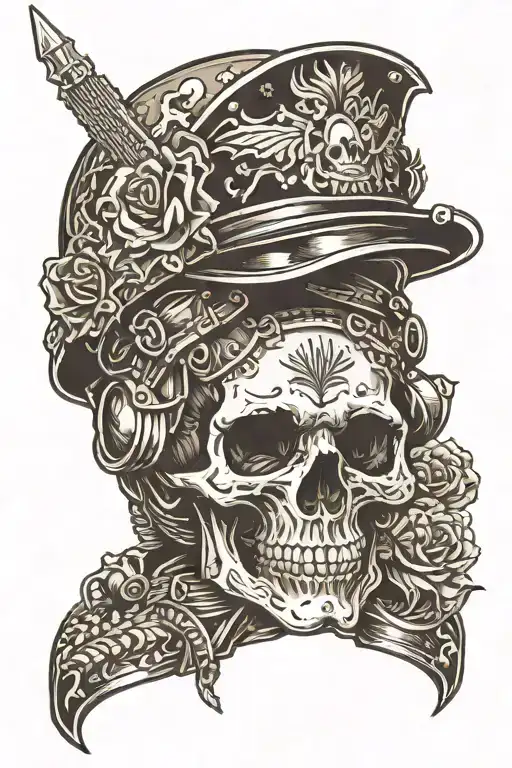 Skull With A Soldier Helmet Adorned With Intricate