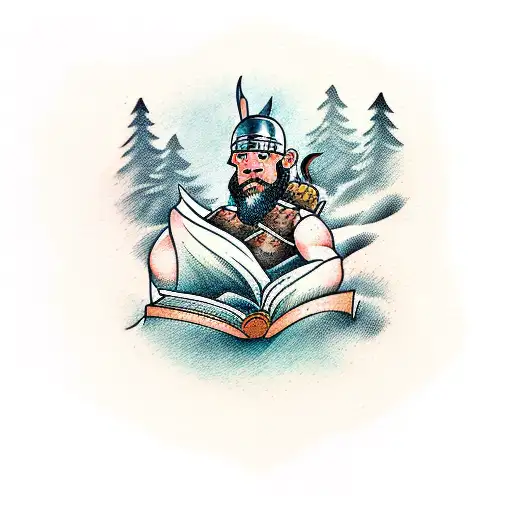 A Detailed Illustration Of A Viking Warrior Reading A Book In A Serene Forest Setting