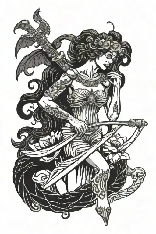 The Blind Goddess Themis Stands Angry With A Sword And Scales With A Thirst For Blood