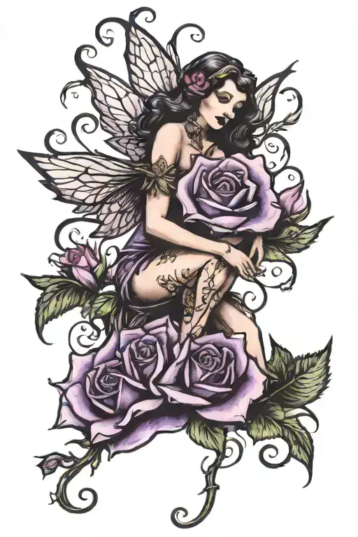 Fairy Sitting On Top Of Four Purple Roses Blooming