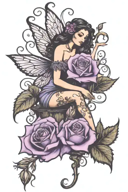 Silhouette Fairy Sitting On Top Of Four Purple Roses Blooming