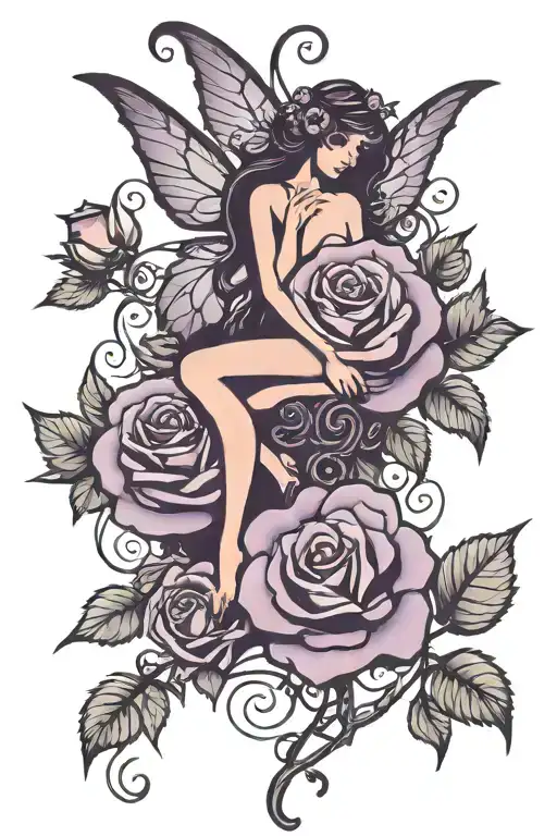 Silhouette Fairy Sitting On Top Of Four Purple Roses Blooming