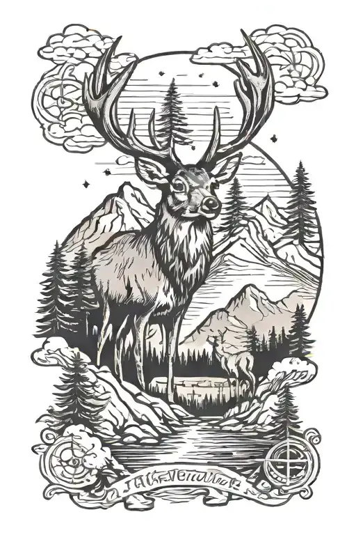 Half Sleeve With Mountains And Deer Head With Trees