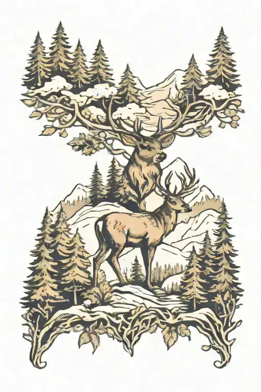 Mountain Forest With Deer And Lots Of Trees