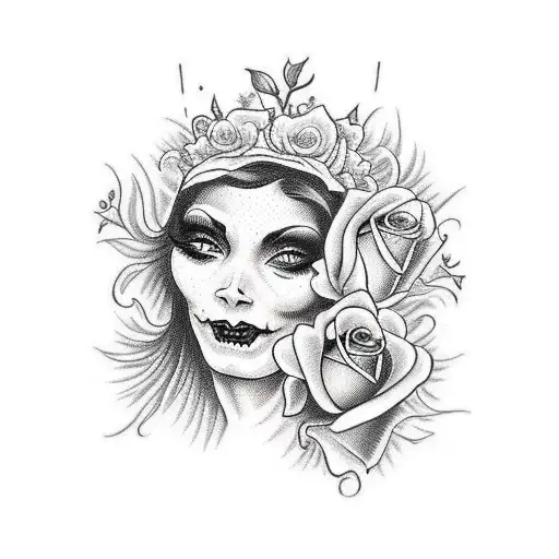 A Detailed Tattoo Of A Catrina With A Rose Crown