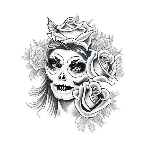 A Detailed Tattoo Of A Catrina With A Rose Crown