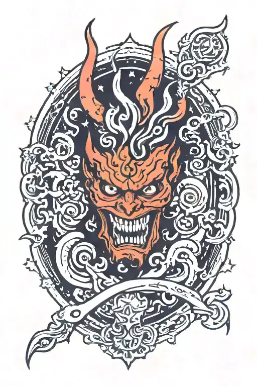 Traditional Style Tattoo Of A Devilish Figure Surrounded By Darkness And Flames