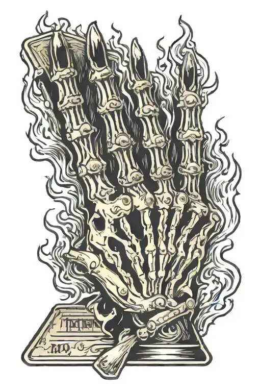 Skeleton Hand Holding 3 Tarot Cards On Fire