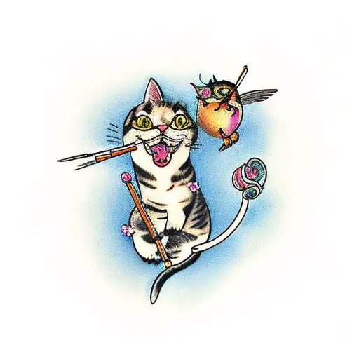 A Traditional-style Tattoo Of A Cat And A Hummingbird Dancing Together On A Musical Staff