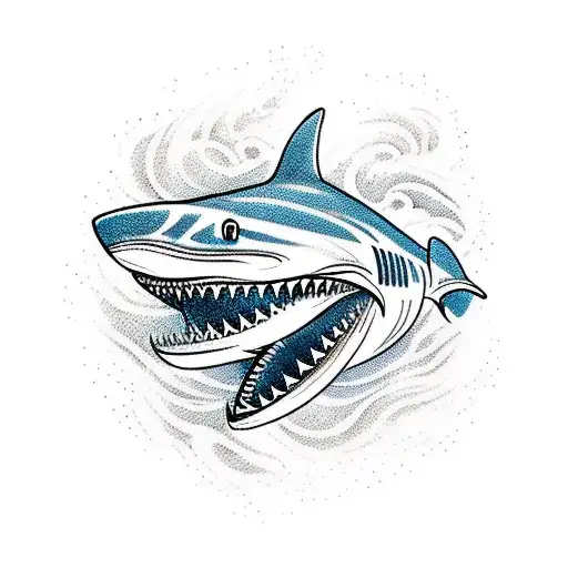 A Traditional-style Tattoo Of A Shark Surrounded By Waves And Adorned With Whale Shark Patterns
