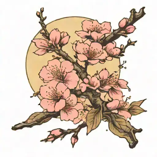 Sakura Branch With Flowers With Moon Offset In Background