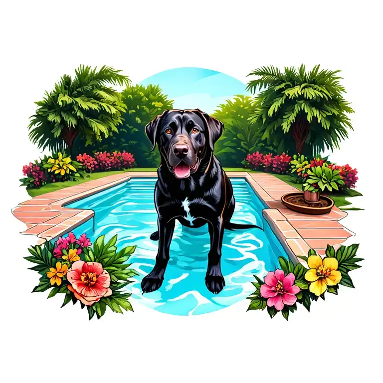 Dog Black English Labrador Retriever Near Swimming Pool
