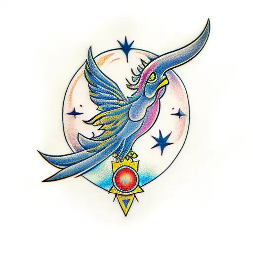 Pheonix With Sun And Moon And Stars