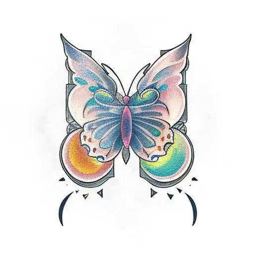 A Traditional Tattoo Of A Butterfly Playing A Guitar In Front Of The New York City Skyline