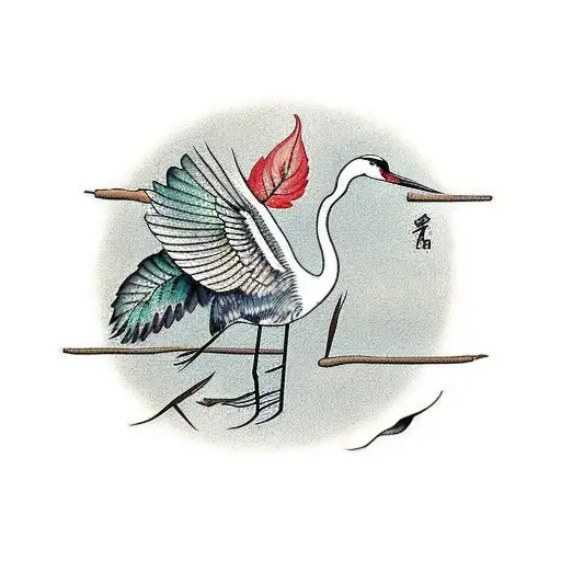 Asian Crane With Leaves On The Background