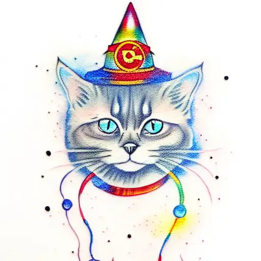 A Small Black Cat With Body Wearing A Wizard Hat In Watercolor