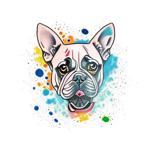 A Traditional Style Tattoo Of A Dog Surrounded By Paint Splatters And Brushes