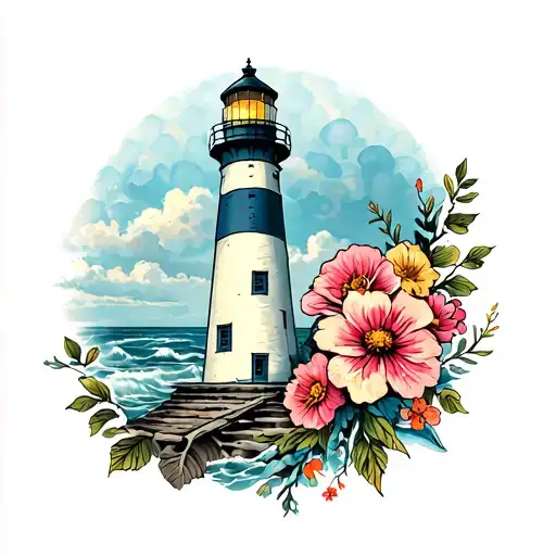 Lighthouse Tattoo With Flowers Wrapped