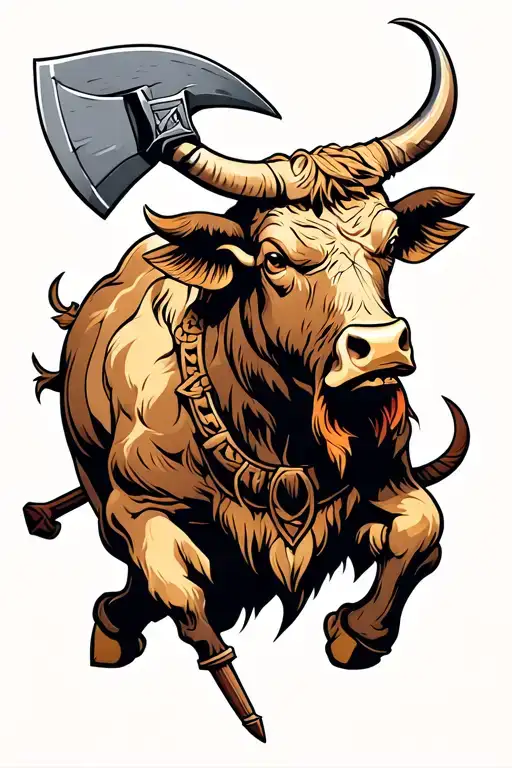 Humam Like Mythological Bull In Battle Using Nordic Axe As A Weapon